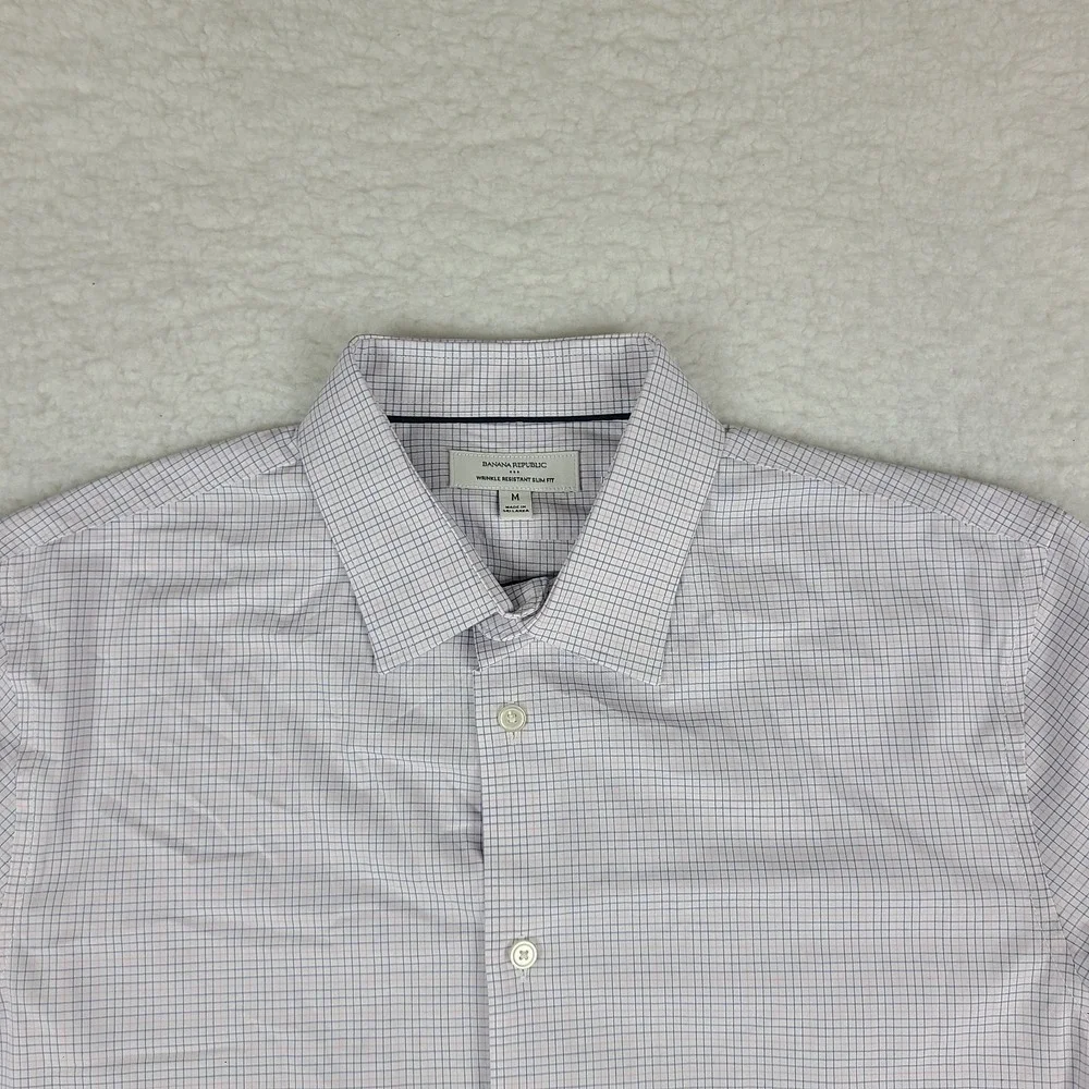 Banana Republic Dress Shirt Mens Medium Purple Pink Check Wrinkle Resistant Slim